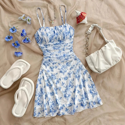 👗 LIMITED-TIME 50% OFF! ✨ Floral Ruched Mini Dress – Spaghetti Straps, Backless, Beach Ready 🌸