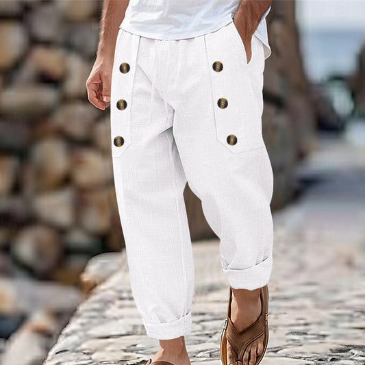 👖 LIMITED-TIME 50% OFF! ✨ Men's Cotton-Linen Trousers – Button Front, Drawstring Waist, Relaxed Fit ☀️