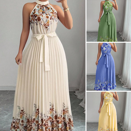 🌸 LIMITED-TIME 50% OFF! 💥 Sleeveless Halter Neck Floral Pleated Maxi Dress – Elegant, Flowy, Adjustable Waist ✨