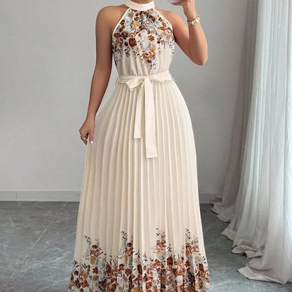 🌸 LIMITED-TIME 50% OFF! 💥 Sleeveless Halter Neck Floral Pleated Maxi Dress – Elegant, Flowy, Adjustable Waist ✨