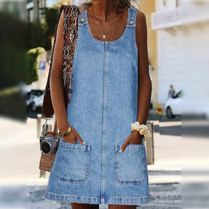 👗 LIMITED-TIME 50% OFF! ✨ Women's Casual Denim Pinafore Dress – A-Line Silhouette, Front Pockets, Relaxed Fit 🌿