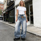👖 LIMITED-TIME 50% OFF! 💥 Women's Asymmetrical Waist Wide-Leg Denim Jeans – Deconstructed, Distressed Wash, 3D Cut ✨