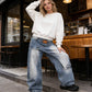 👖 LIMITED-TIME 50% OFF! 💥 Women's Asymmetrical Waist Wide-Leg Denim Jeans – Deconstructed, Distressed Wash, 3D Cut ✨