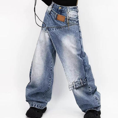 👖 LIMITED-TIME 50% OFF! 💥 Women's Asymmetrical Waist Wide-Leg Denim Jeans – Deconstructed, Distressed Wash, 3D Cut ✨
