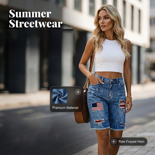 👖LIMITED-TIME 50% OFF! 💥 Summer Street Style Frayed Hem Jean Shorts – Distressed Patches, Mid-Waist Bermuda Fit ✨
