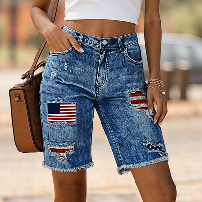 👖LIMITED-TIME 50% OFF! 💥 Summer Street Style Frayed Hem Jean Shorts – Distressed Patches, Mid-Waist Bermuda Fit ✨