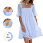 👗 LIMITED-TIME 50% OFF! 💥 Women's Square Neck Smocked Dress – Lace Trims, Stretch Bodice, Open Back Tie ✨