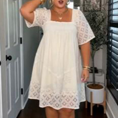 👗 LIMITED-TIME 50% OFF! 💥 Women's Square Neck Smocked Dress – Lace Trims, Stretch Bodice, Open Back Tie ✨