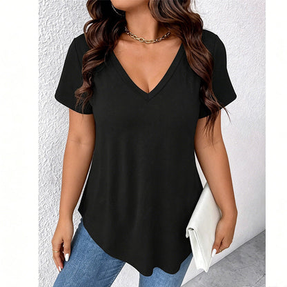 👚 LIMITED-TIME 50% OFF! 💥 Women's Casual V-Neck Short Sleeve T-Shirt – Relaxed Fit, Curved Hem, Solid Colors ✨