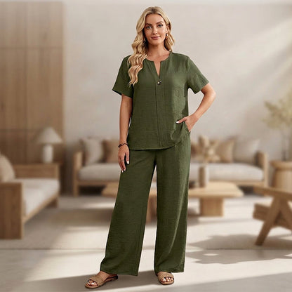 👕 LIMITED-TIME 50% OFF! 💥 Plus Size Women's Casual Long Sleeve Shirt & Loose Pants Set – Breathable, Crinkle Drape, Relaxed ✨