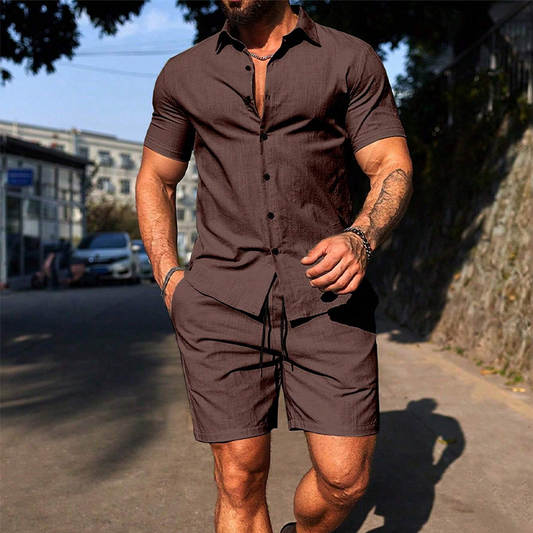 👕 LIMITED-TIME 50% OFF! 💥 Men's Casual Short Sleeve Shirt & Shorts Set – Button-Down Collar, Drawstring Waist, Breathable ✨