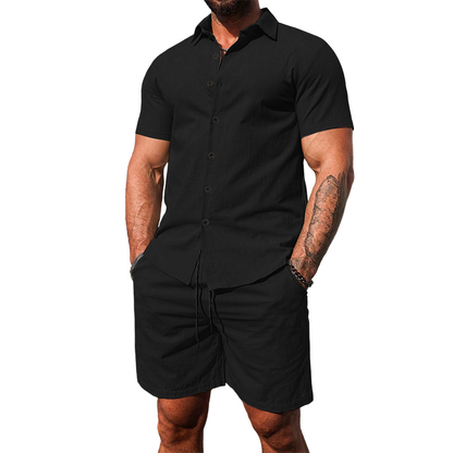 👕 LIMITED-TIME 50% OFF! 💥 Men's Casual Short Sleeve Shirt & Shorts Set – Button-Down Collar, Drawstring Waist, Breathable ✨