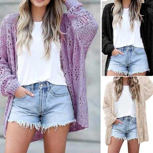 🧶 LIMITED-TIME 50% OFF! 💥 Women's V-Neck Hollow-Out Knit Cardigan – Breathable, Open-Front, Lightweight Layer ✨
