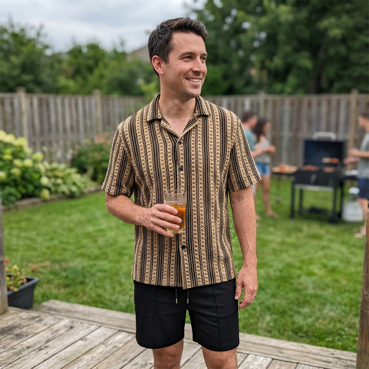 👕 LIMITED-TIME 50% OFF! 💥 Men's Casual Short Sleeve Shirt and Shorts Set – Textured Stripes, Drawstring Waist, Breathable ✨