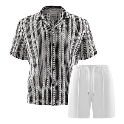 👕 LIMITED-TIME 50% OFF! 💥 Men's Casual Short Sleeve Shirt and Shorts Set – Textured Stripes, Drawstring Waist, Breathable ✨