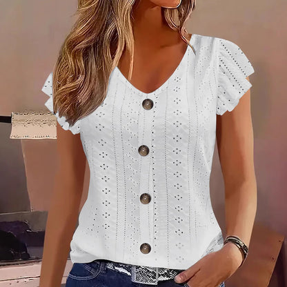 👚 LIMITED-TIME 50% OFF! 💥 Women's Summer V-Neck Eyelet Top – Jacquard Fabric, Ruffle Sleeves, Button Front ✨