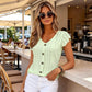 👚 LIMITED-TIME 50% OFF! 💥 Women's Summer V-Neck Eyelet Top – Jacquard Fabric, Ruffle Sleeves, Button Front ✨