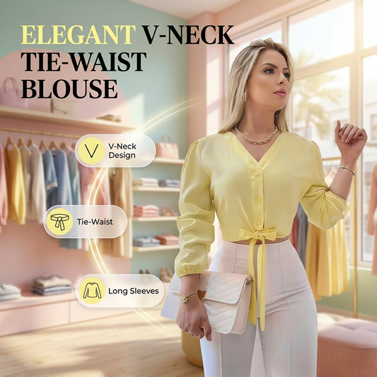 👚 LIMITED-TIME 50% OFF! 💥 Women's Elegant V-Neck Tie-Waist Top – Adjustable Waist, Long Sleeves, Soft Fabric ✨