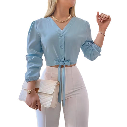 👚 LIMITED-TIME 50% OFF! 💥 Women's Elegant V-Neck Tie-Waist Top – Adjustable Waist, Long Sleeves, Soft Fabric ✨