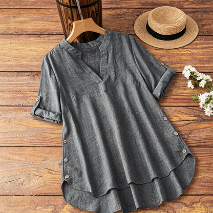 👚 LIMITED-TIME 50% OFF! 💥 Women's Casual Loose Fit V-Neck Blouse – Roll-Up Sleeves, High-Low Hem, Side Buttons ✨