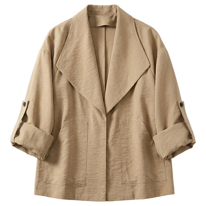 🧥 LIMITED-TIME 50% OFF! 💥 Women's Casual Vintage Lapel Jacket – Oversized Collar, Roll-Up Sleeves, Soft Fabric ✨