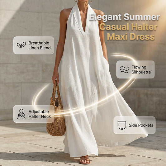 👗 LIMITED-TIME 50% OFF! 💥 Elegant Summer Casual Halter Maxi Dress – Deep V-Neck, A-Line, Hidden Pockets ✨