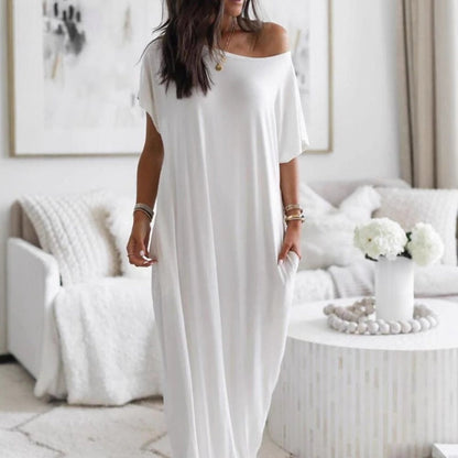 👗 LIMITED-TIME 50% OFF! 💥 Women's Summer Casual Loose Solid Color Short-Sleeve Long Dress – Side Pockets, Breathable, Travel-Friendly ✨