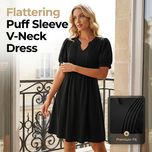 👗 LIMITED-TIME 50% OFF! 💥 Women's Elegant Puff Sleeve V-Neck Dress – Pleated Detail, A-Line, Plus Size ✨