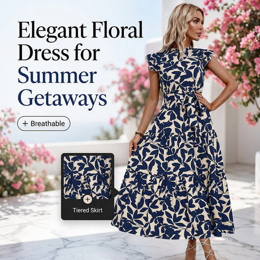 🌸 LIMITED-TIME 50% OFF! 💥 Women's Summer Ruffled Flutter Sleeve Tie Waist Floral Midi Dress – Tiered, Breathable, Elegant ✨