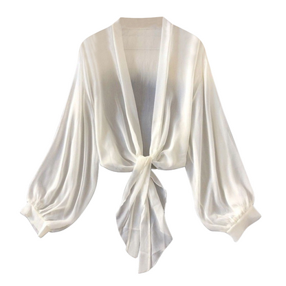 🧥 LIMITED-TIME 50% OFF! 💥 Women's Lightweight Chiffon Tie-Front Cardigan – Balloon Sleeves, Sheer, Layering ✨