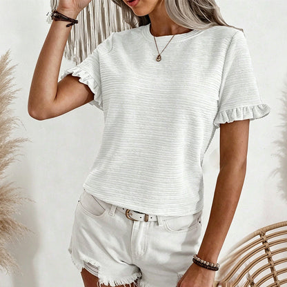 👚 LIMITED-TIME 50% OFF! 💥 Women's Elegant Ruffle Sleeve Summer Top – Round Neck, Textured, Wrinkle Resistant ✨