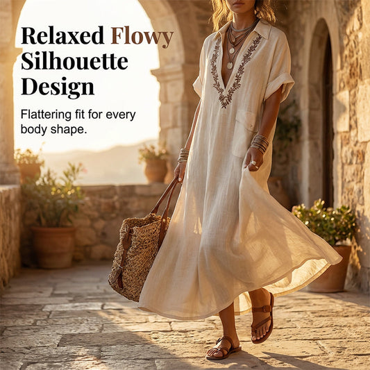 👗 LIMITED-TIME 50% OFF! 💥 Women's Deep V-Neck Flowy Maxi Dress – Embroidered, Front Pocket, Breathable ✨