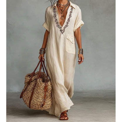 👗 LIMITED-TIME 50% OFF! 💥 Women's Deep V-Neck Flowy Maxi Dress – Embroidered, Front Pocket, Breathable ✨