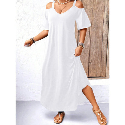 👗 LIMITED-TIME 50% OFF! 💥 Elegant V-Neck Off-Shoulder Maxi Dress – Cold Shoulder, Flowy, Versatile ✨