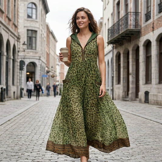 👗 LIMITED-TIME 50% OFF! 💥 Women's Summer Leopard Printed Maxi Dress – Zipper V-Neck, Hood, Flowy Hem ✨