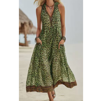 👗 LIMITED-TIME 50% OFF! 💥 Women's Summer Leopard Printed Maxi Dress – Zipper V-Neck, Hood, Flowy Hem ✨