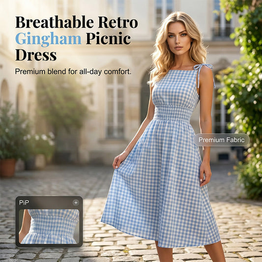 👗 LIMITED-TIME 50% OFF! 💥 Women's Retro Sleeveless Gingham Midi Dress – Smocked Bodice, Tie Straps, Breathable ✨