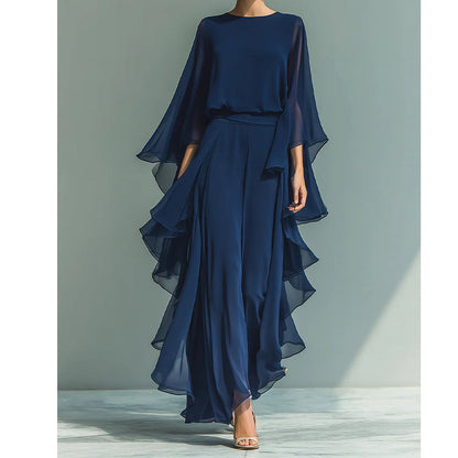 👗 LIMITED-TIME 50% OFF! 💥 Women's Ruffle Long Sleeve Top & Pants Set – Sheer Neckline, Wide Leg, Elegant ✨