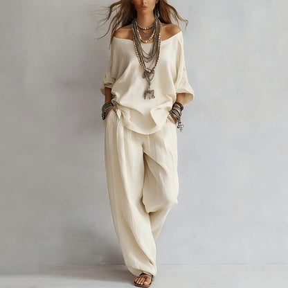 👗 LIMITED-TIME 50% OFF! 💥 Women's Off-Shoulder Top & Wide-Leg Pants 2-Piece Set – Linen Blend, Loose Fit, Versatile ✨