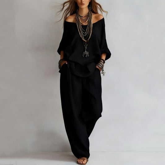 👗 LIMITED-TIME 50% OFF! 💥 Women's Off-Shoulder Top & Wide-Leg Pants 2-Piece Set – Linen Blend, Loose Fit, Versatile ✨