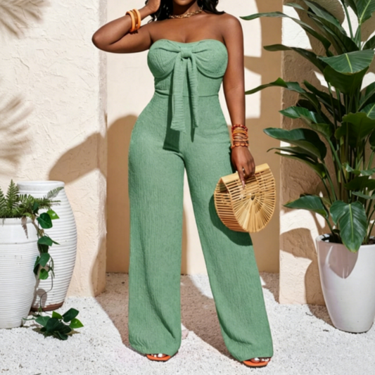 👗 LIMITED-TIME 50% OFF! 💥 Women's Strapless High-Waisted Wide-Leg Jumpsuit – Bustier Top, Bow Detail, Textured ✨