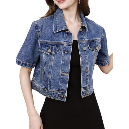 🧥 LIMITED-TIME 50% OFF! 💥 Women's Short Sleeve Cropped Denim Jacket – Crop Length, Button Down, Relaxed Fit ✨