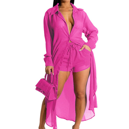 👗 LIMITED-TIME 50% OFF! 💥 Chic Sheer Long Shirt Set – Sheer Cardigan, High-Waist Shorts, Vacation Essential ✨