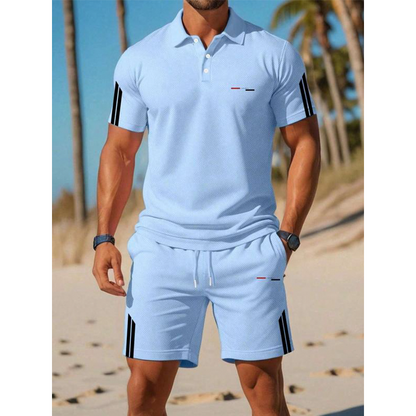 👕 LIMITED-TIME 50% OFF! ✨ Men's Casual Short-Sleeve Shorts Set – Breathable Cotton Blend, Classic Collar, Striped Accents 🌊