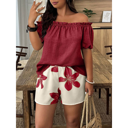 👗 LIMITED-TIME 50% OFF! 🌸 Women's Off Shoulder Top & Floral Shorts Set – Textured Fabric, Elastic Waist, Versatile ✨