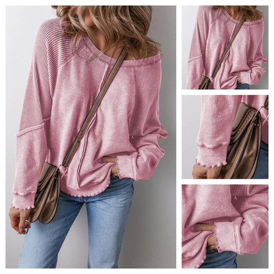 👕 LIMITED-TIME 50% OFF! ✨ Women's Casual Round Neck Top – Long Sleeve, Waffle Texture, Relaxed Fit 🌸