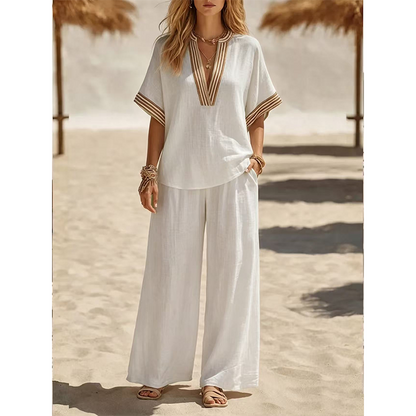 👗 LIMITED-TIME 50% OFF! ✨ Women's V-Neck Top & Wide Leg Pants Set – Side Pockets, Breathable, Versatile 🌿