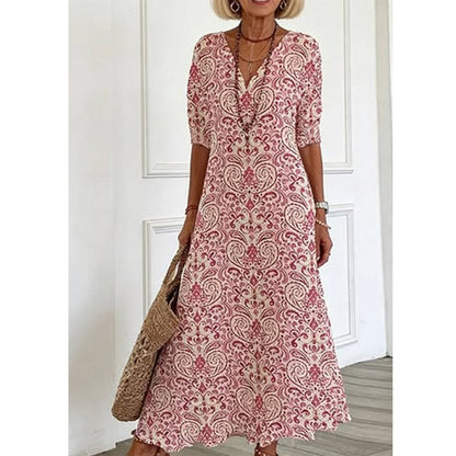 👗 LIMITED-TIME 50% OFF! ✨ Women's V-Neck Printed Half-Sleeve Maxi Dress – A-Line, Paisley Print, Breathable 🌸