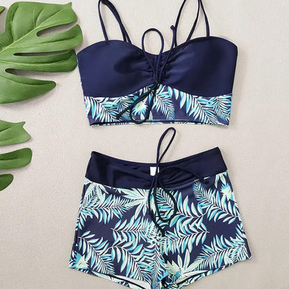 👙 LIMITED-TIME 50% OFF! ✨ Women's Printed Two-Piece Swimsuit – High Waist, Boxer Bottoms, Lace-Up Detail 🌊