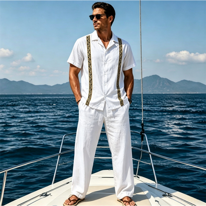 👔 LIMITED-TIME 50% OFF! ✨ Men's Breathable Shirt & Pants 2-Piece Set – Gold Trim, Relaxed Fit, Vacation Ready 🌴
